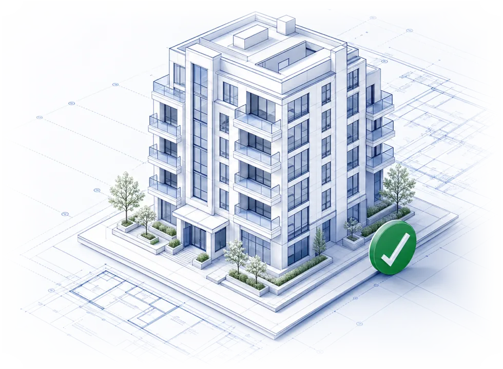 Architectural condominium blueprint with approval marker