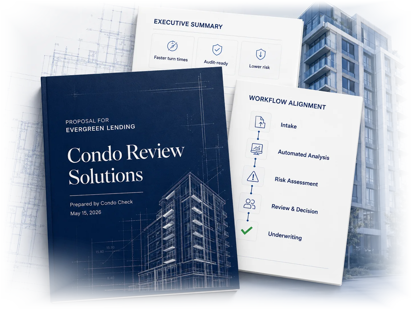 Condo Review Solutions proposal documents with executive summary and workflow alignment pages